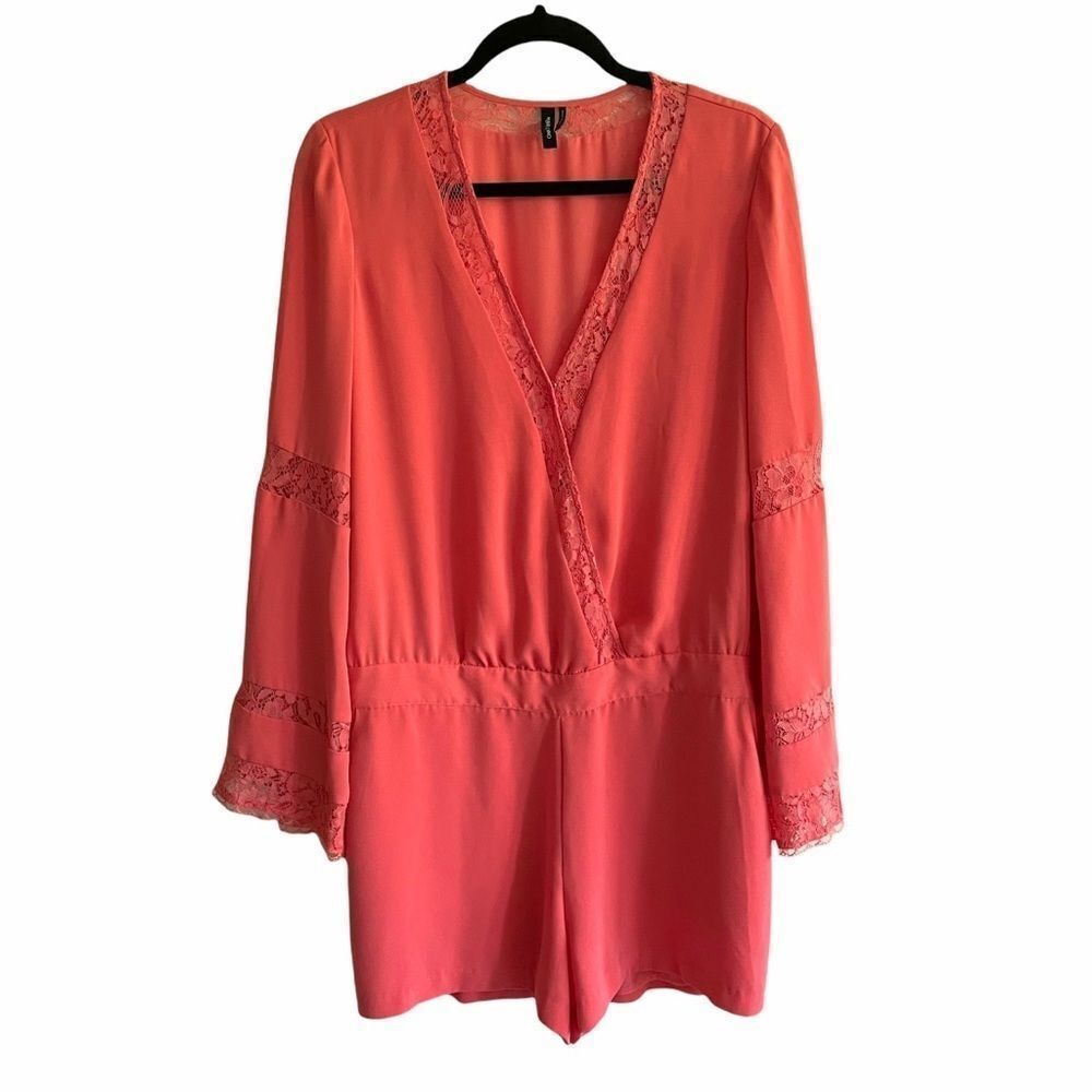 MARCIANO Long Sleeve V-Neck Shorts Romper Lace Detail Coral Melon 10